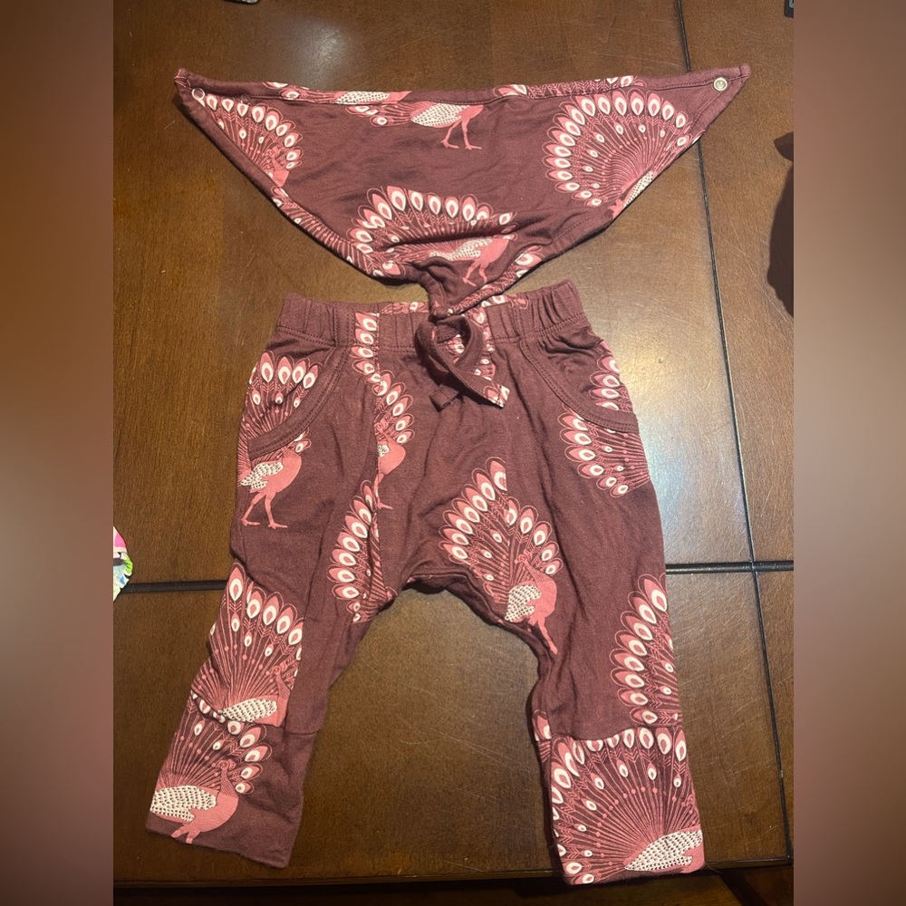 SOLD  Kate Quinn peacock 3-6 month pant and bib set